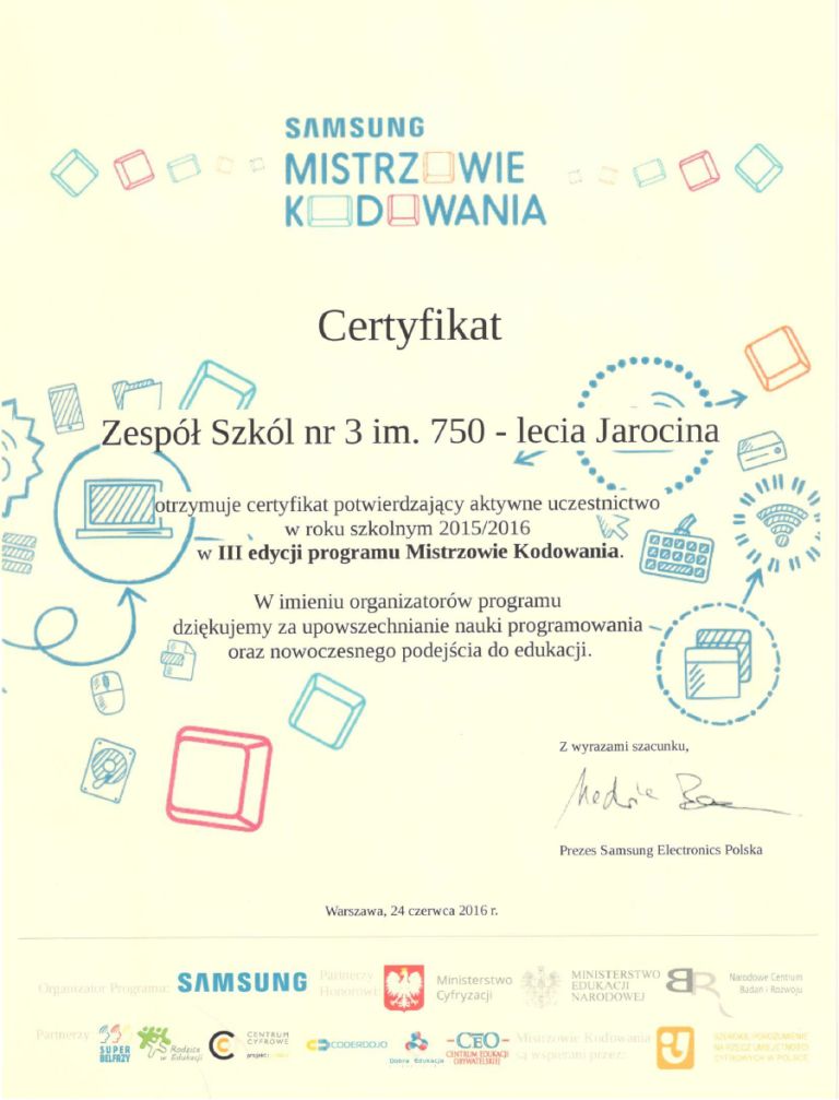 Certyfikat udzia�u w Mistrzowie Kodowania 2015/2016